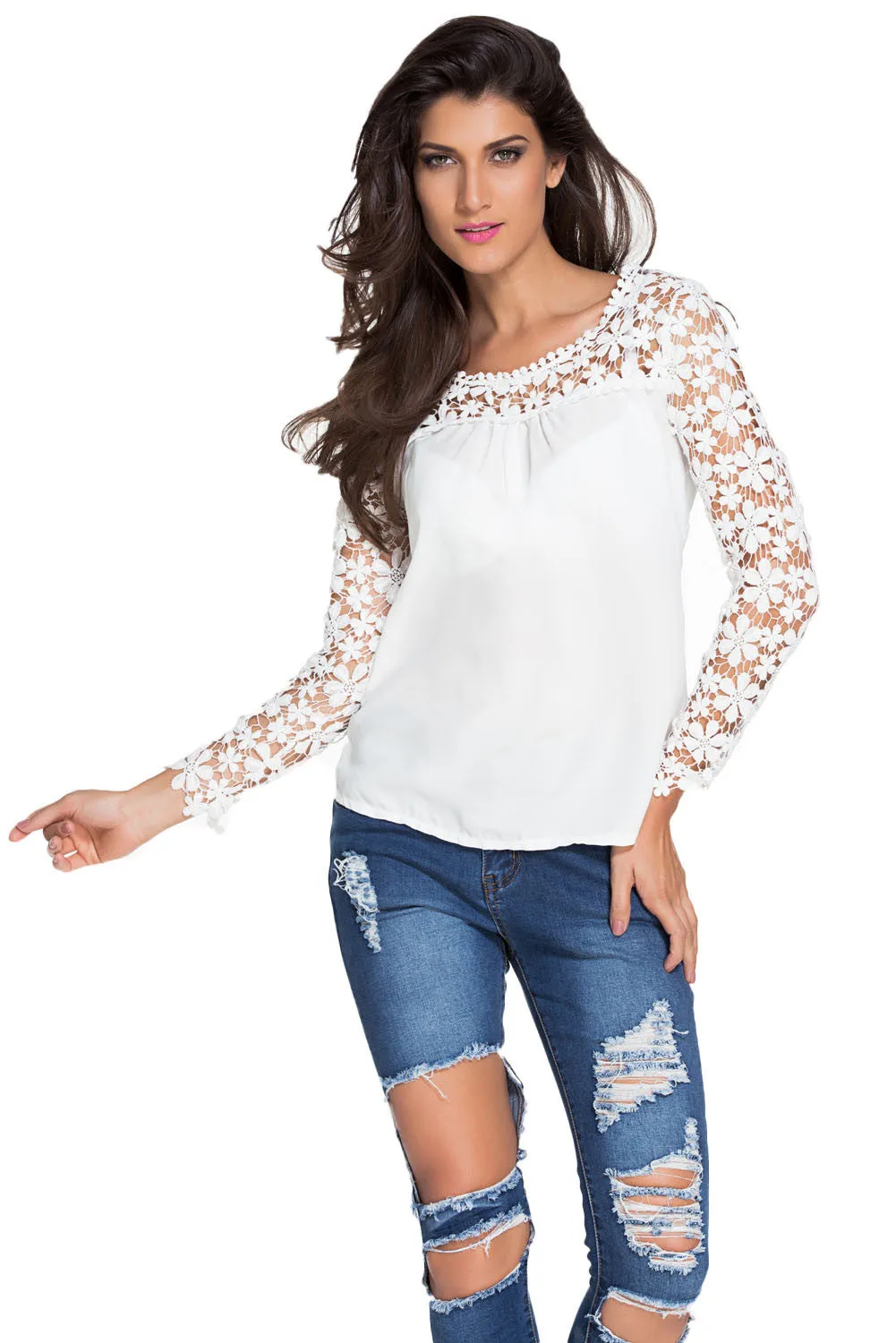 White Stylish Floral Crochet Solid Top