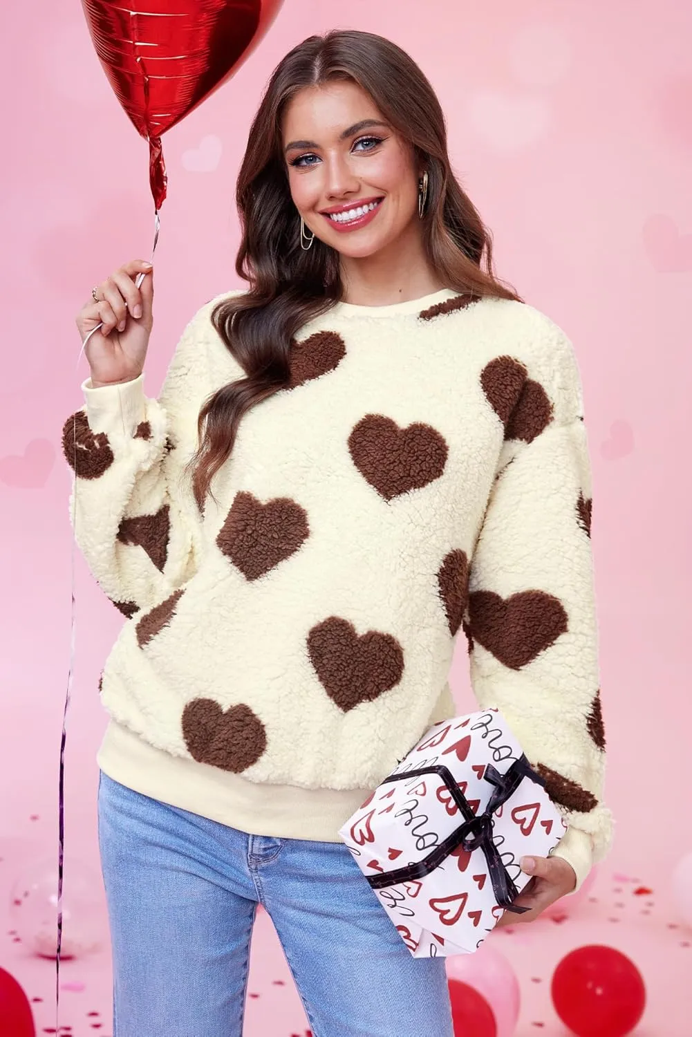 Women Love Heart Sweatshirt Fuzzy Fleece Pullover Tops
