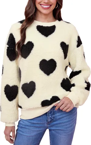 Women Love Heart Sweatshirt Fuzzy Fleece Pullover Tops