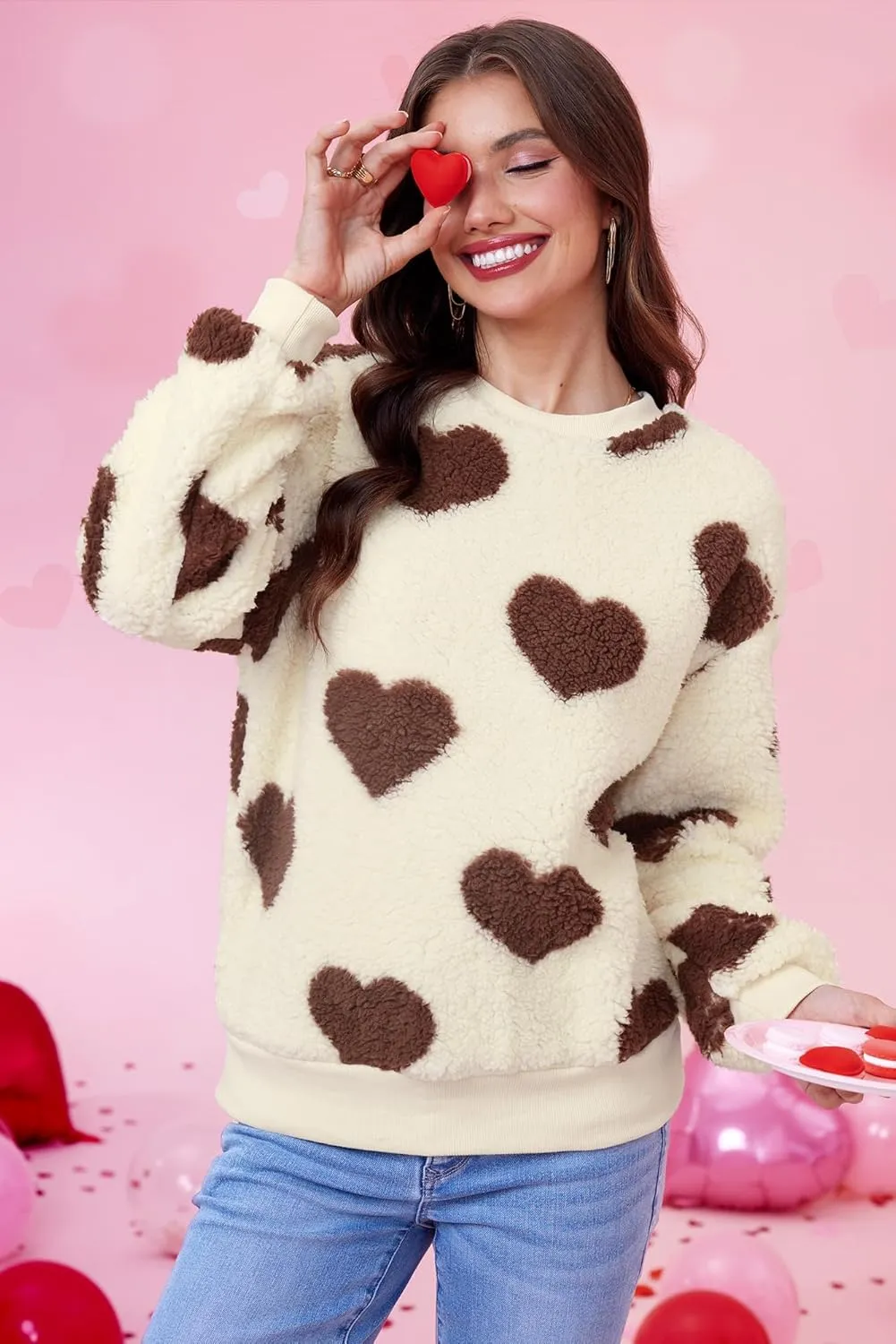 Women Love Heart Sweatshirt Fuzzy Fleece Pullover Tops