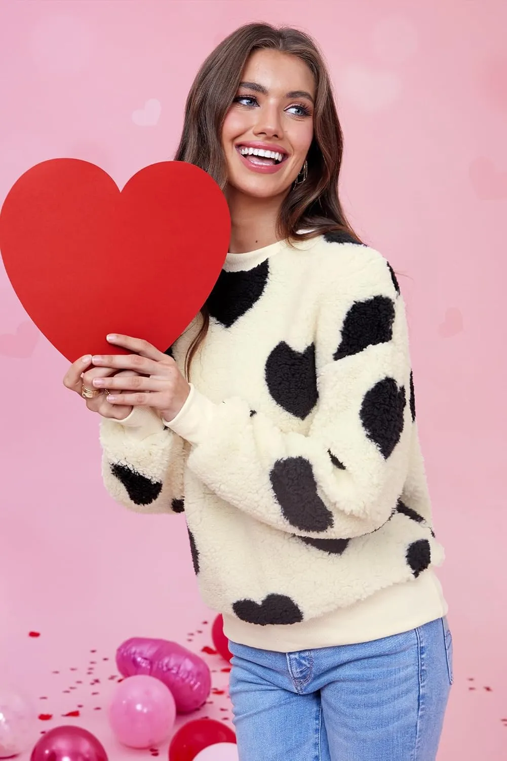 Women Love Heart Sweatshirt Fuzzy Fleece Pullover Tops