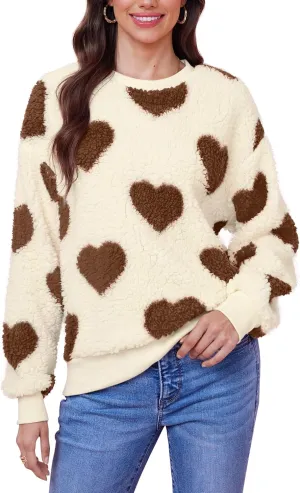 Women Love Heart Sweatshirt Fuzzy Fleece Pullover Tops