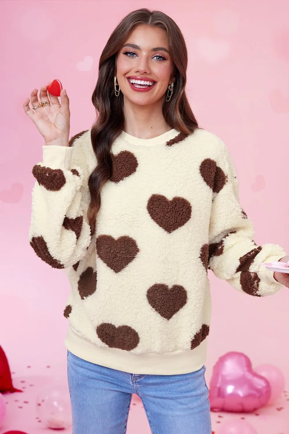 Women Love Heart Sweatshirt Fuzzy Fleece Pullover Tops