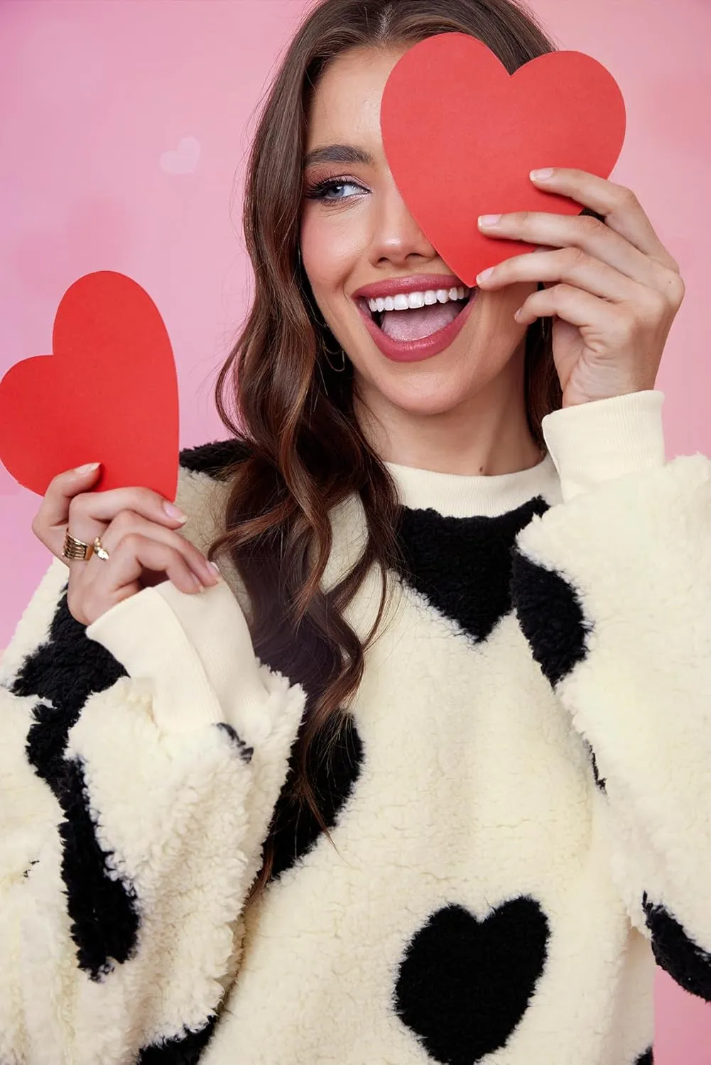 Women Love Heart Sweatshirt Fuzzy Fleece Pullover Tops