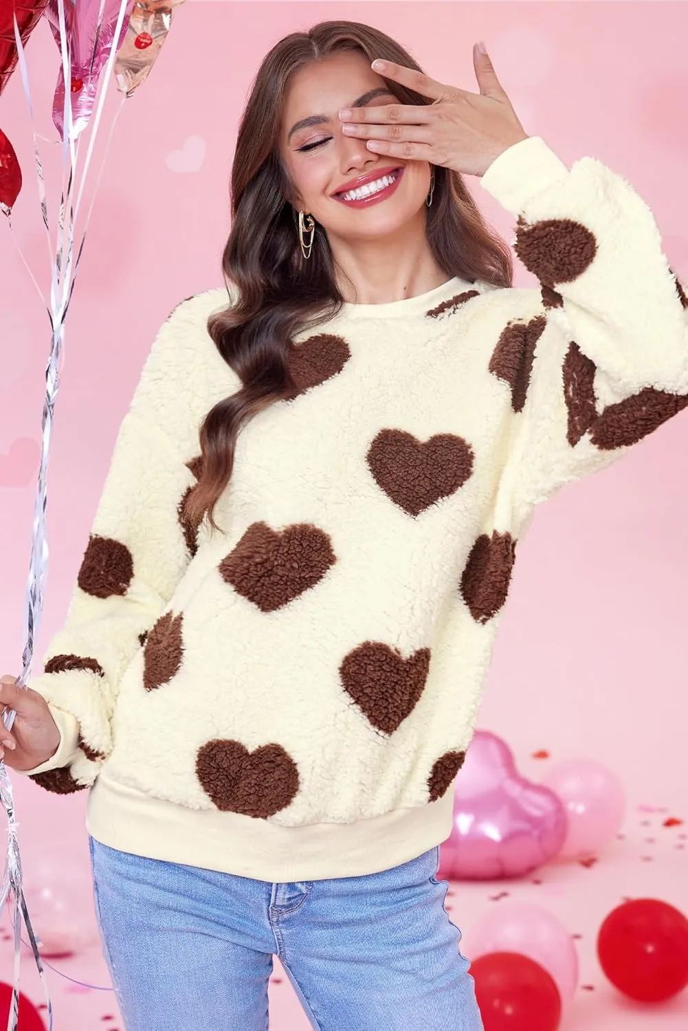 Women Love Heart Sweatshirt Fuzzy Fleece Pullover Tops