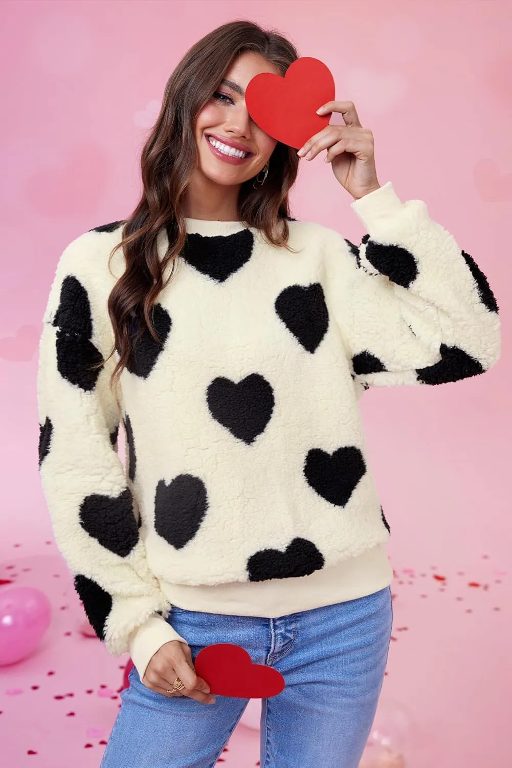 Women Love Heart Sweatshirt Fuzzy Fleece Pullover Tops