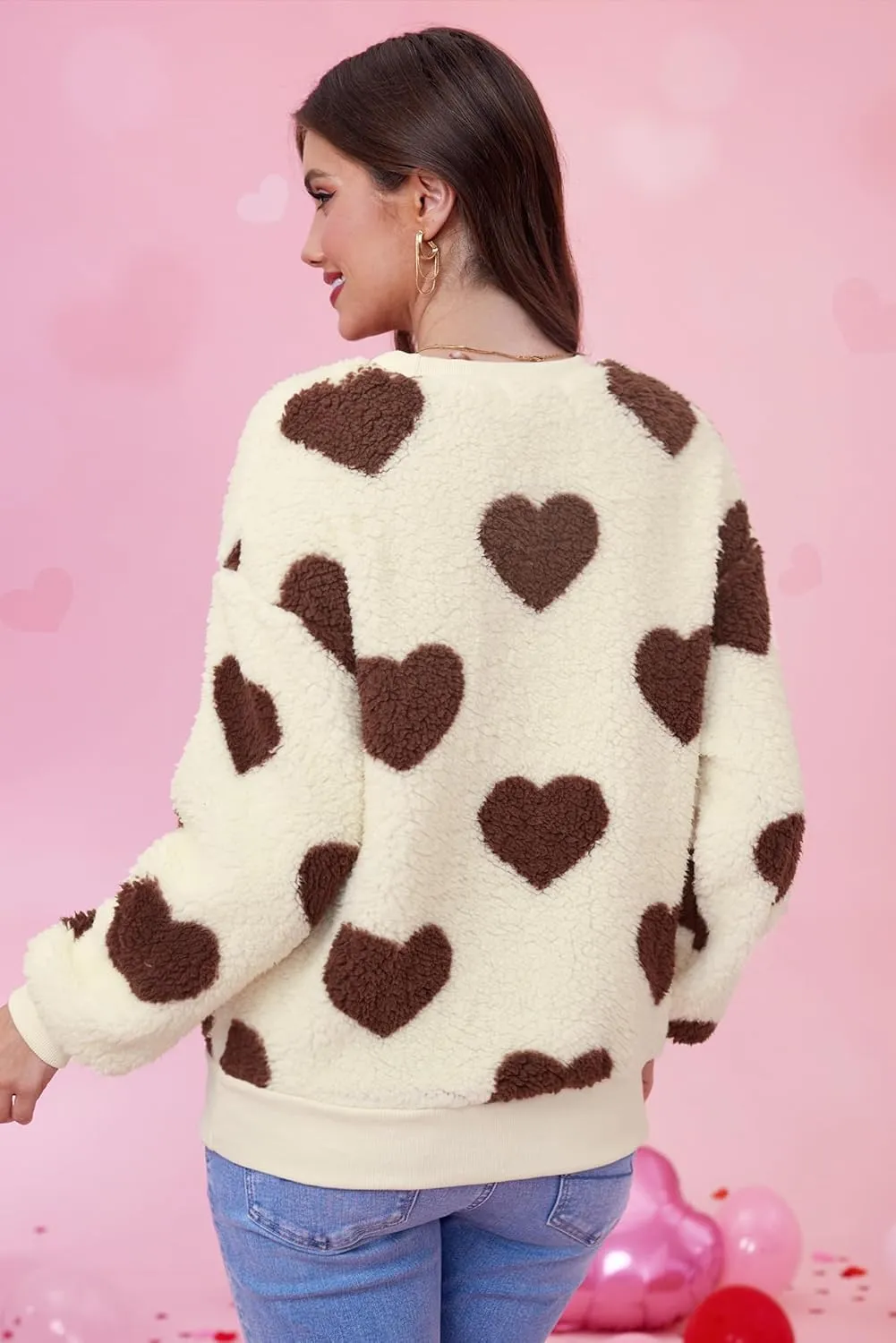Women Love Heart Sweatshirt Fuzzy Fleece Pullover Tops