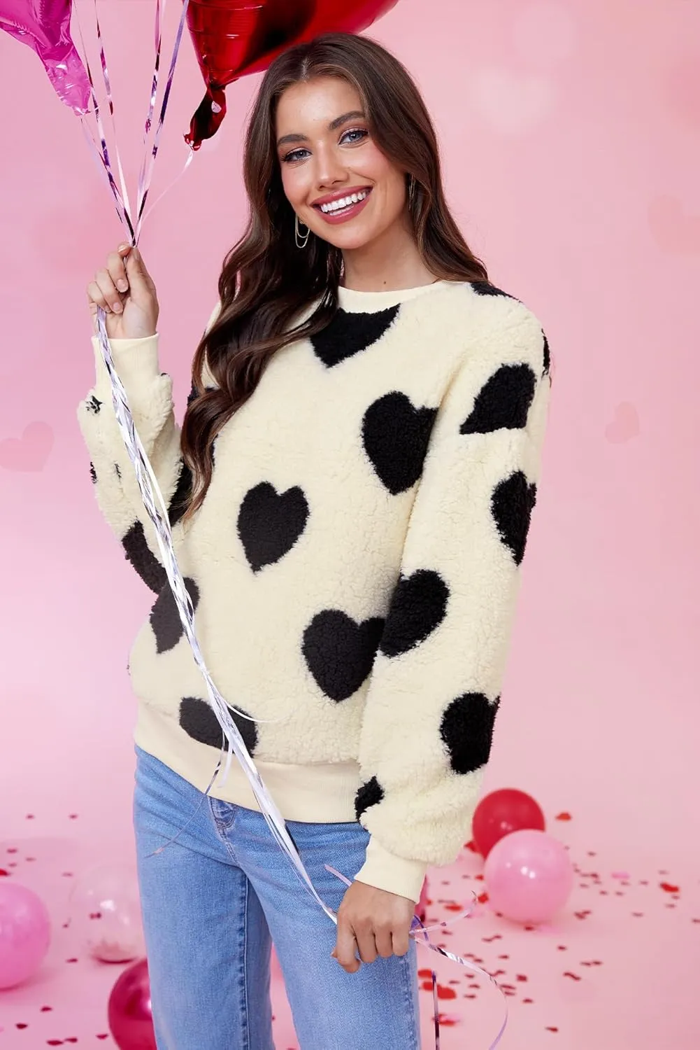 Women Love Heart Sweatshirt Fuzzy Fleece Pullover Tops