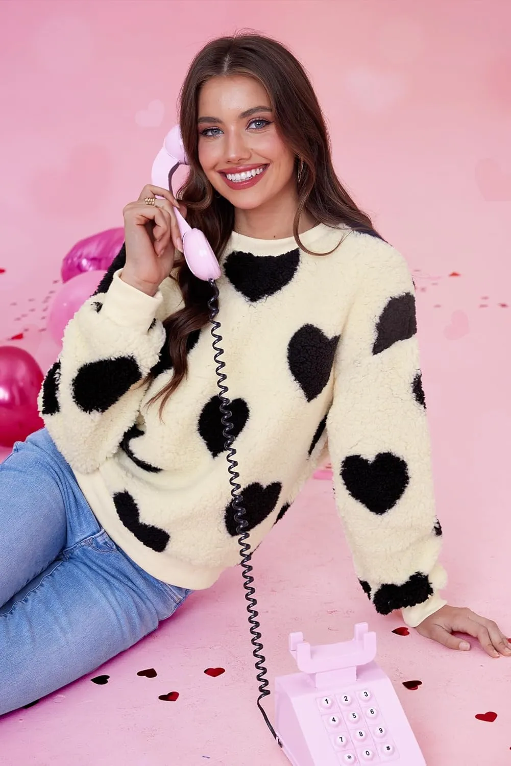 Women Love Heart Sweatshirt Fuzzy Fleece Pullover Tops