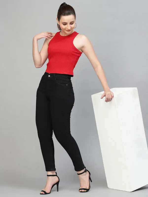 Women Sleeveless Round Neck Crop Top