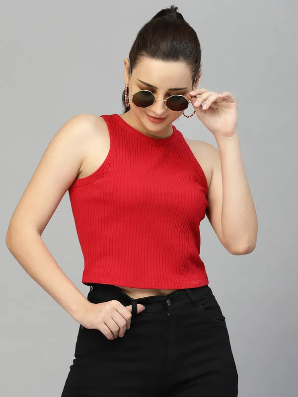 Women Sleeveless Round Neck Crop Top