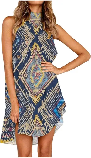 Women Summer Beach Mini Dress Cold Shoulder High Neck Dresses Dressy Casual Floral Print Sundress Ruched Comfy Dress