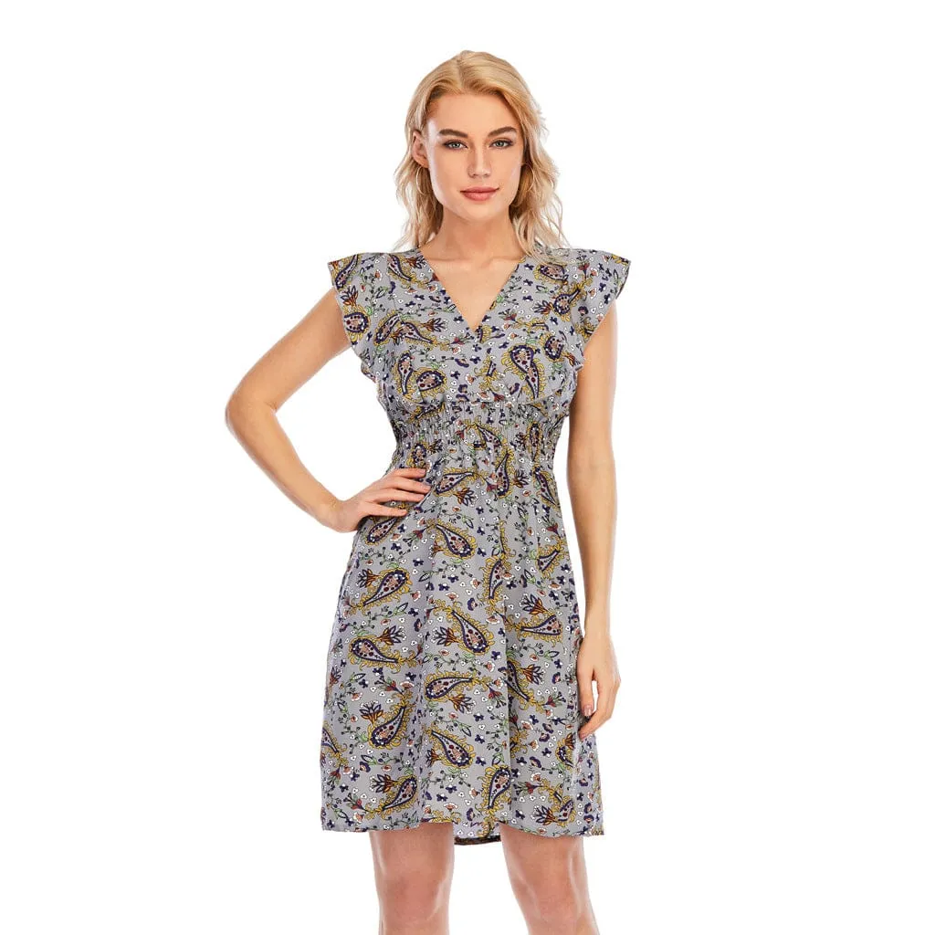 Women' Summer Chiffon Sleeveless Maxi V Neck Printed Dress