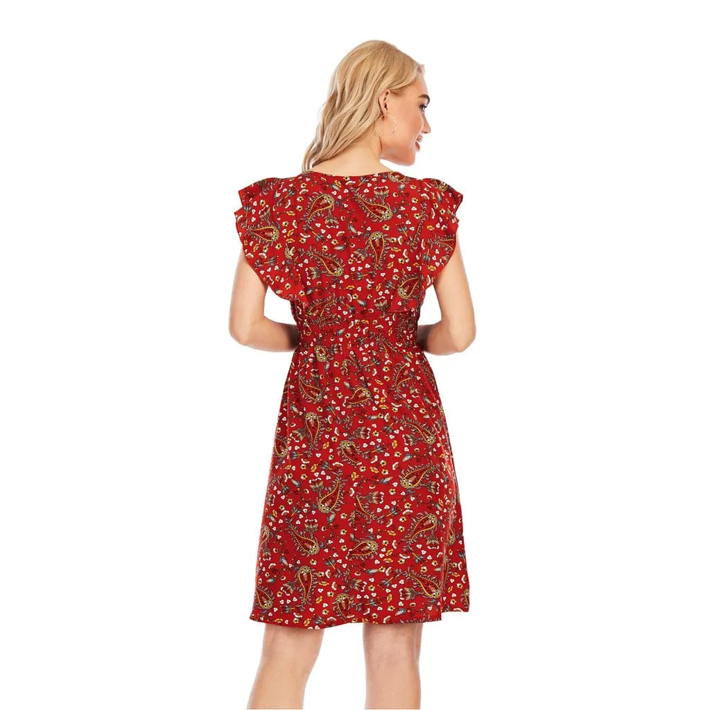 Women' Summer Chiffon Sleeveless Maxi V Neck Printed Dress