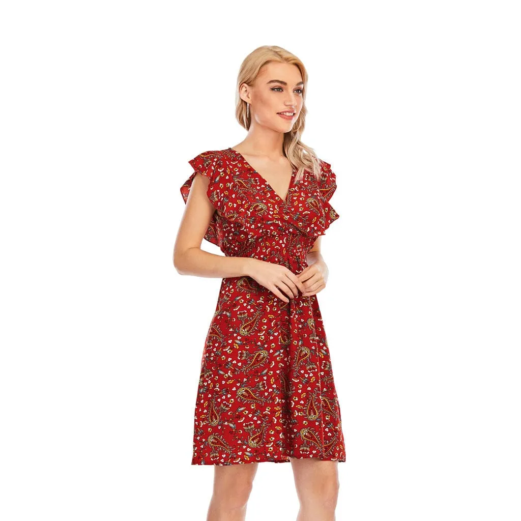Women' Summer Chiffon Sleeveless Maxi V Neck Printed Dress