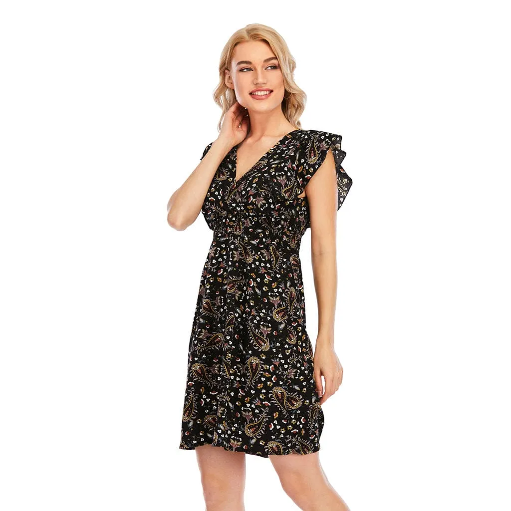 Women' Summer Chiffon Sleeveless Maxi V Neck Printed Dress