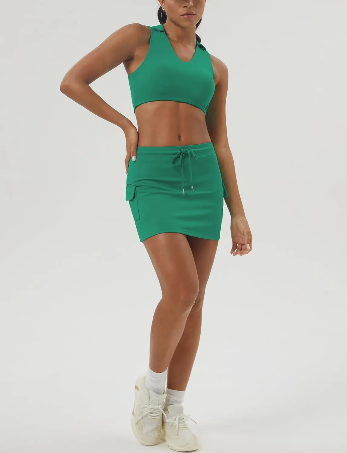 Women Tennis Skirt with Built-in Shorts Drawstring Elastic Waist Badminton Skirt Side Pockets Activewear Mini Skort