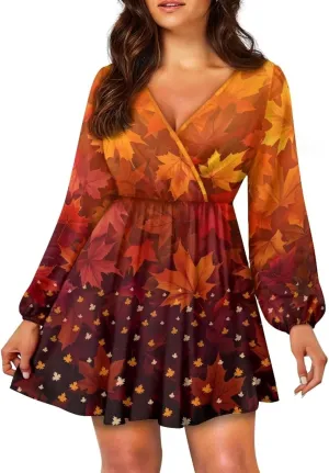 Women Tunic Casual Dress Lantern Long Sleeve V-Neck Loose Waist A-line Short Dress S-2XL