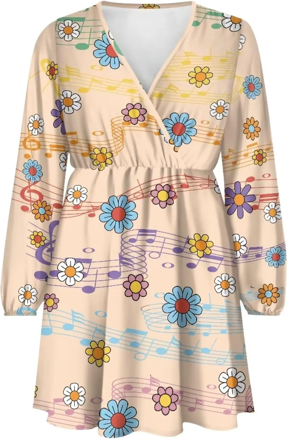 Women Tunic Casual Dress Lantern Long Sleeve V-Neck Loose Waist A-line Short Dress S-2XL
