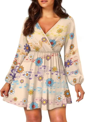 Women Tunic Casual Dress Lantern Long Sleeve V-Neck Loose Waist A-line Short Dress S-2XL