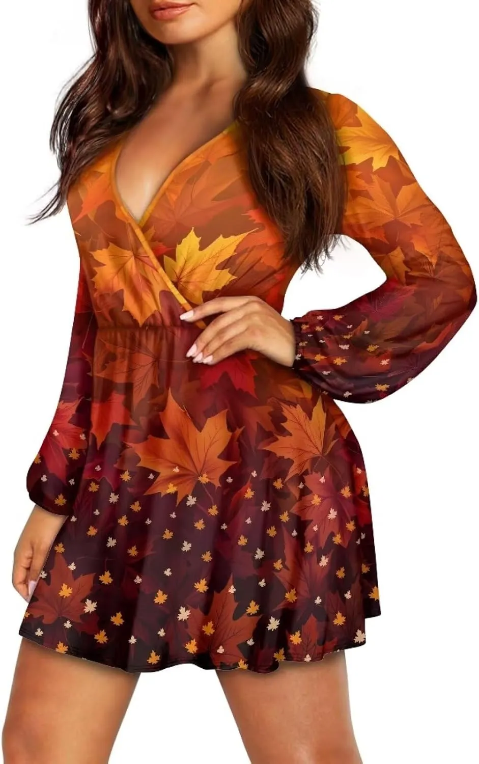 Women Tunic Casual Dress Lantern Long Sleeve V-Neck Loose Waist A-line Short Dress S-2XL