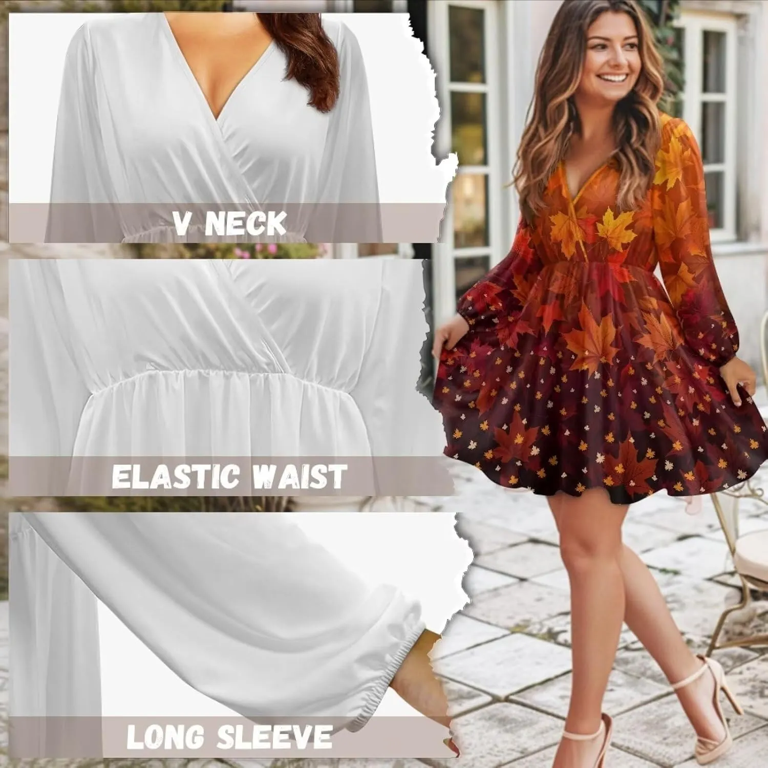 Women Tunic Casual Dress Lantern Long Sleeve V-Neck Loose Waist A-line Short Dress S-2XL