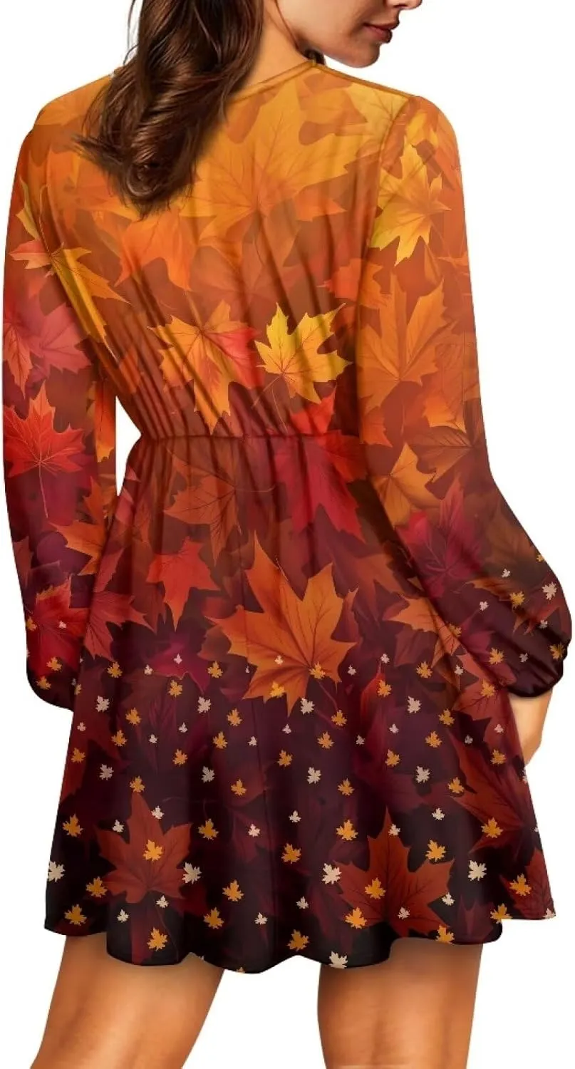 Women Tunic Casual Dress Lantern Long Sleeve V-Neck Loose Waist A-line Short Dress S-2XL