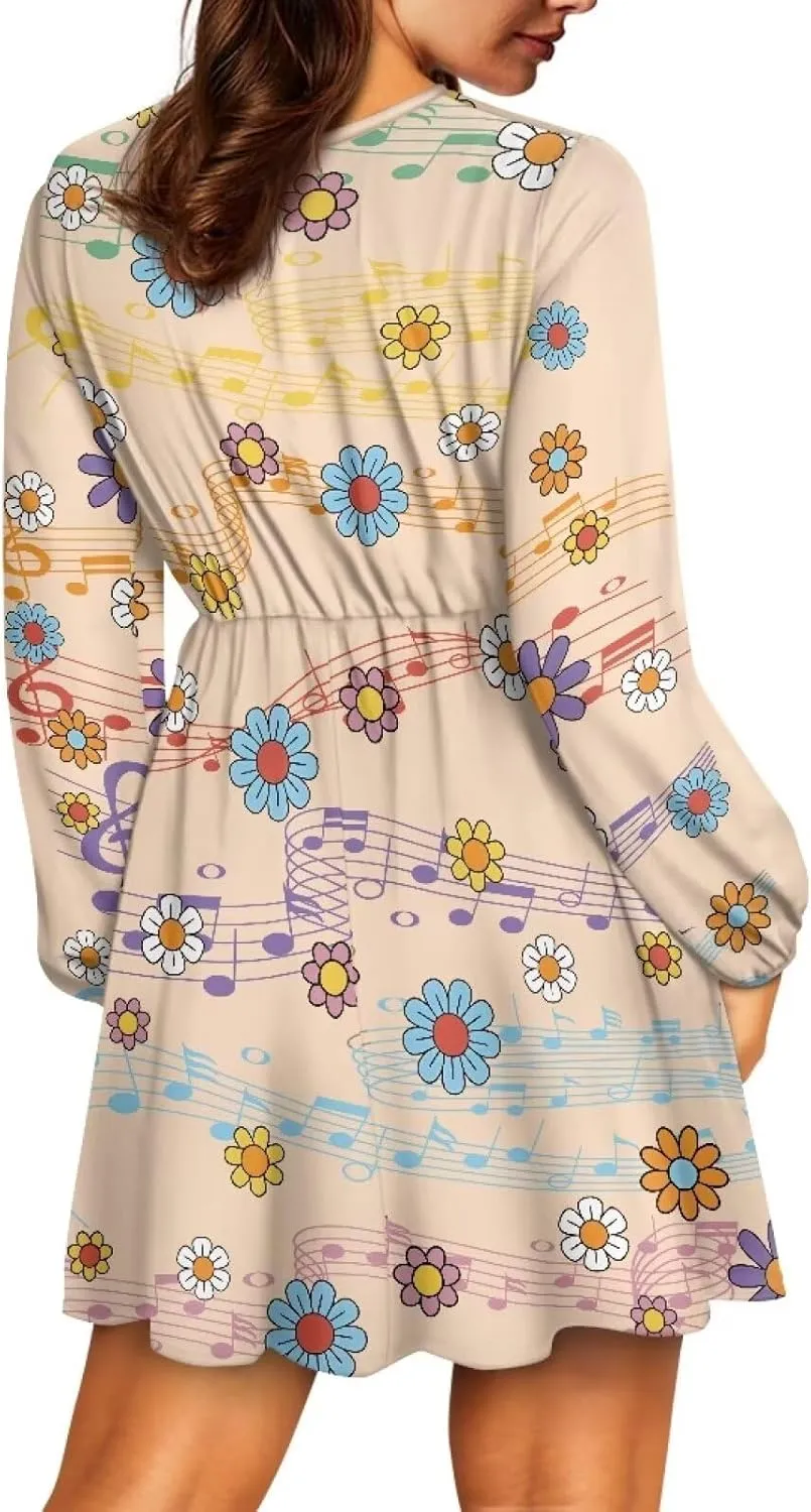 Women Tunic Casual Dress Lantern Long Sleeve V-Neck Loose Waist A-line Short Dress S-2XL