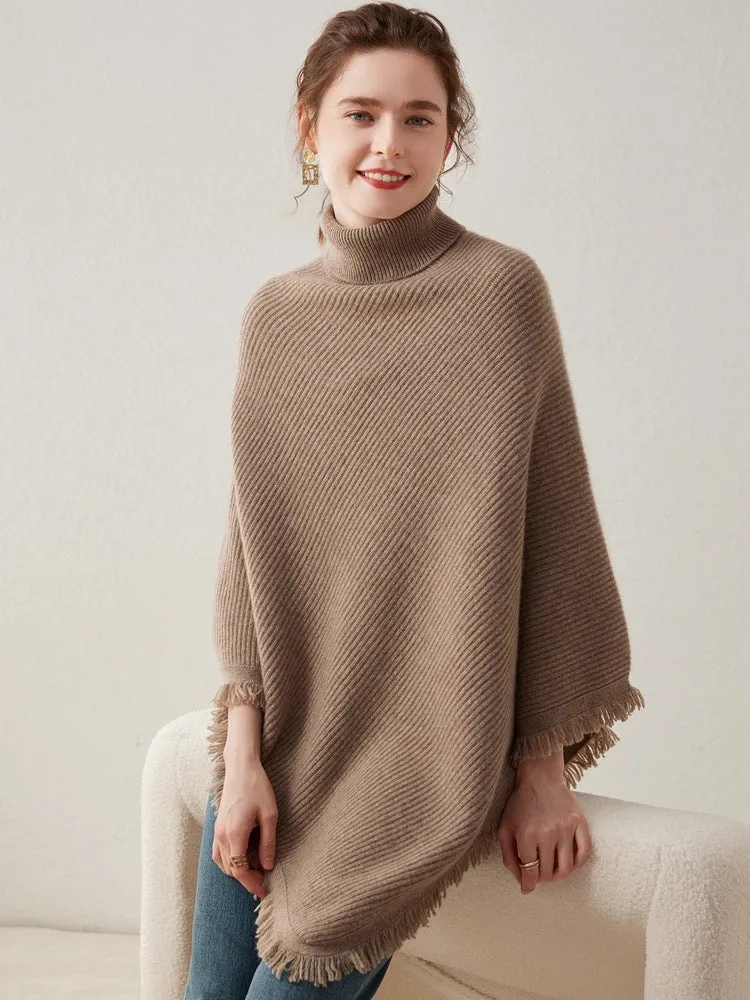 Women's 100% Pure Cashmere Knitted Shawl Wrap - Extra Large Turtleneck Cloak Pashmina Stole