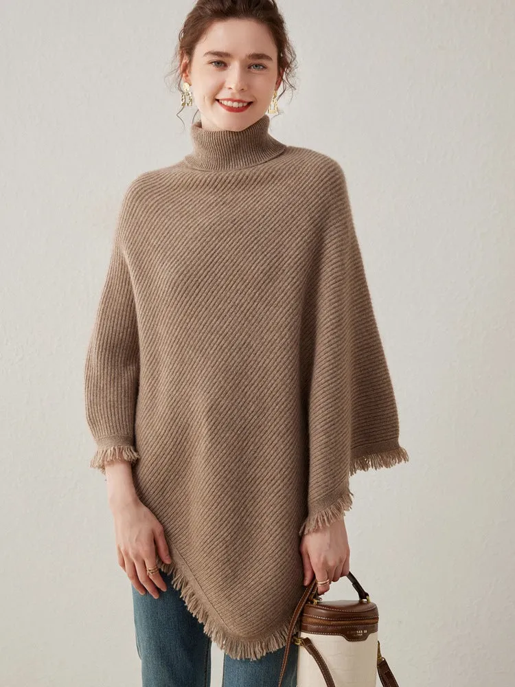 Women's 100% Pure Cashmere Knitted Shawl Wrap - Extra Large Turtleneck Cloak Pashmina Stole