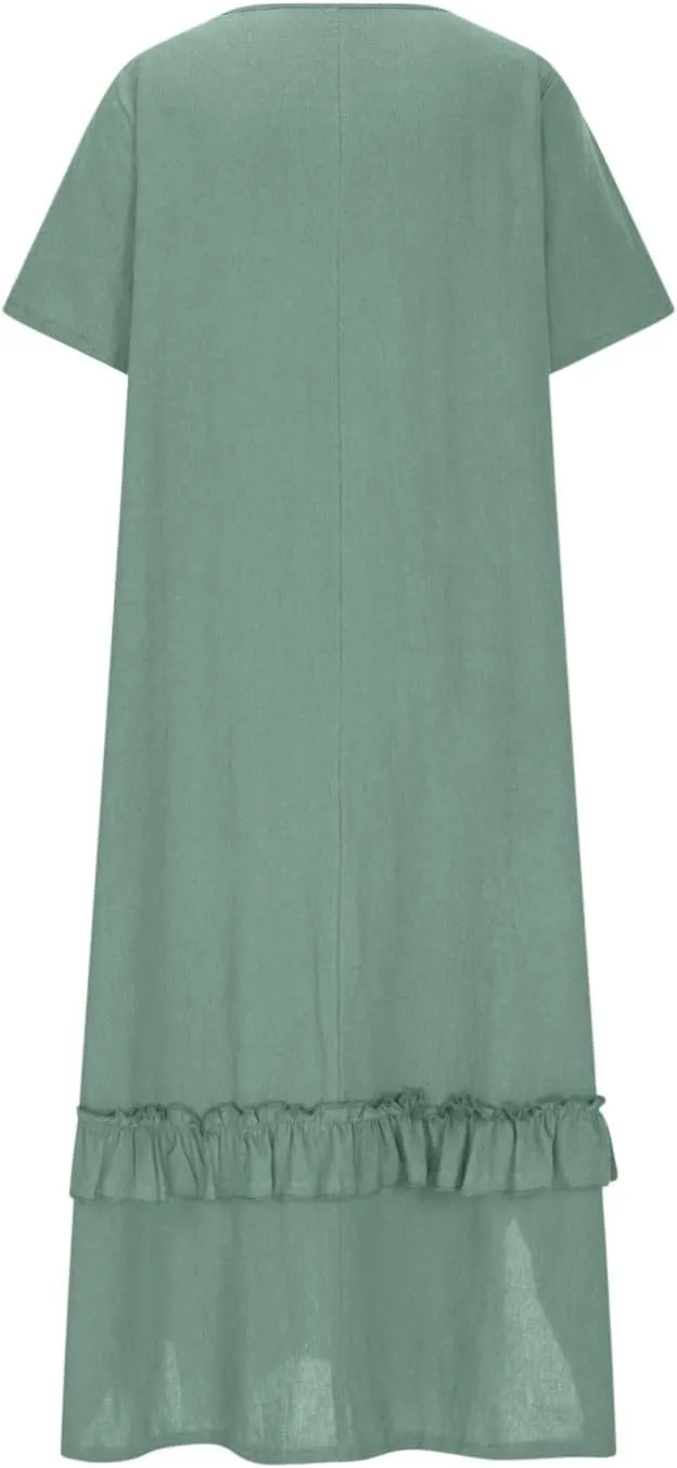 Womens Boho Floral Flowy Midi Dresses Casual Loose Summer Short Sleeve Beach Dress with Pockets Side Slit Spring Clothes 2025