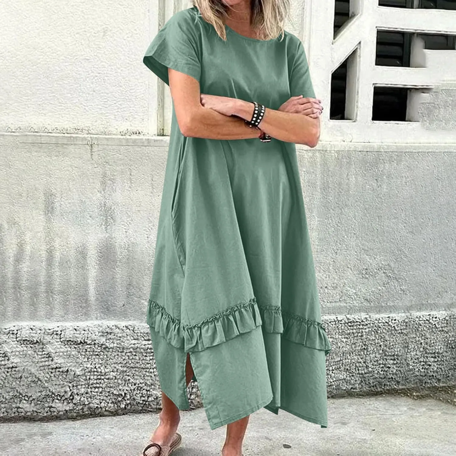 Womens Boho Floral Flowy Midi Dresses Casual Loose Summer Short Sleeve Beach Dress with Pockets Side Slit Spring Clothes 2025