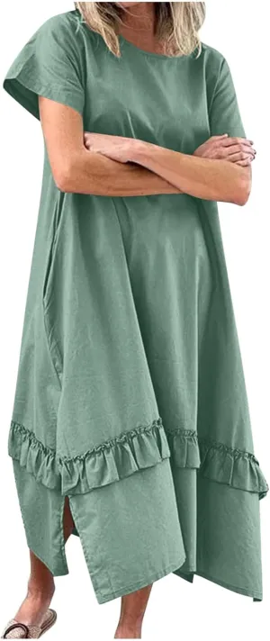Womens Boho Floral Flowy Midi Dresses Casual Loose Summer Short Sleeve Beach Dress with Pockets Side Slit Spring Clothes 2025