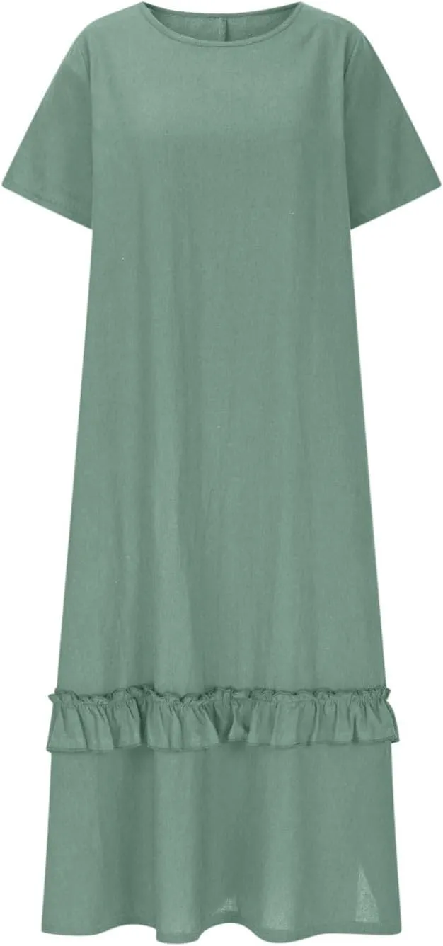 Womens Boho Floral Flowy Midi Dresses Casual Loose Summer Short Sleeve Beach Dress with Pockets Side Slit Spring Clothes 2025