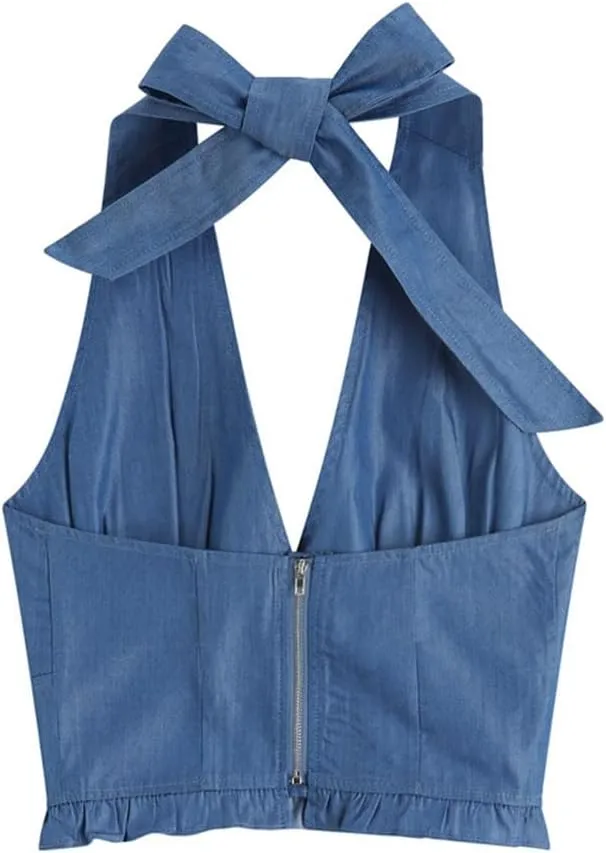 Women's Fashion Denim Vest with Lace-up Halterneck Deep V-Neck Camisole, Small Vest Retro Sexy Backless Top Streetwear