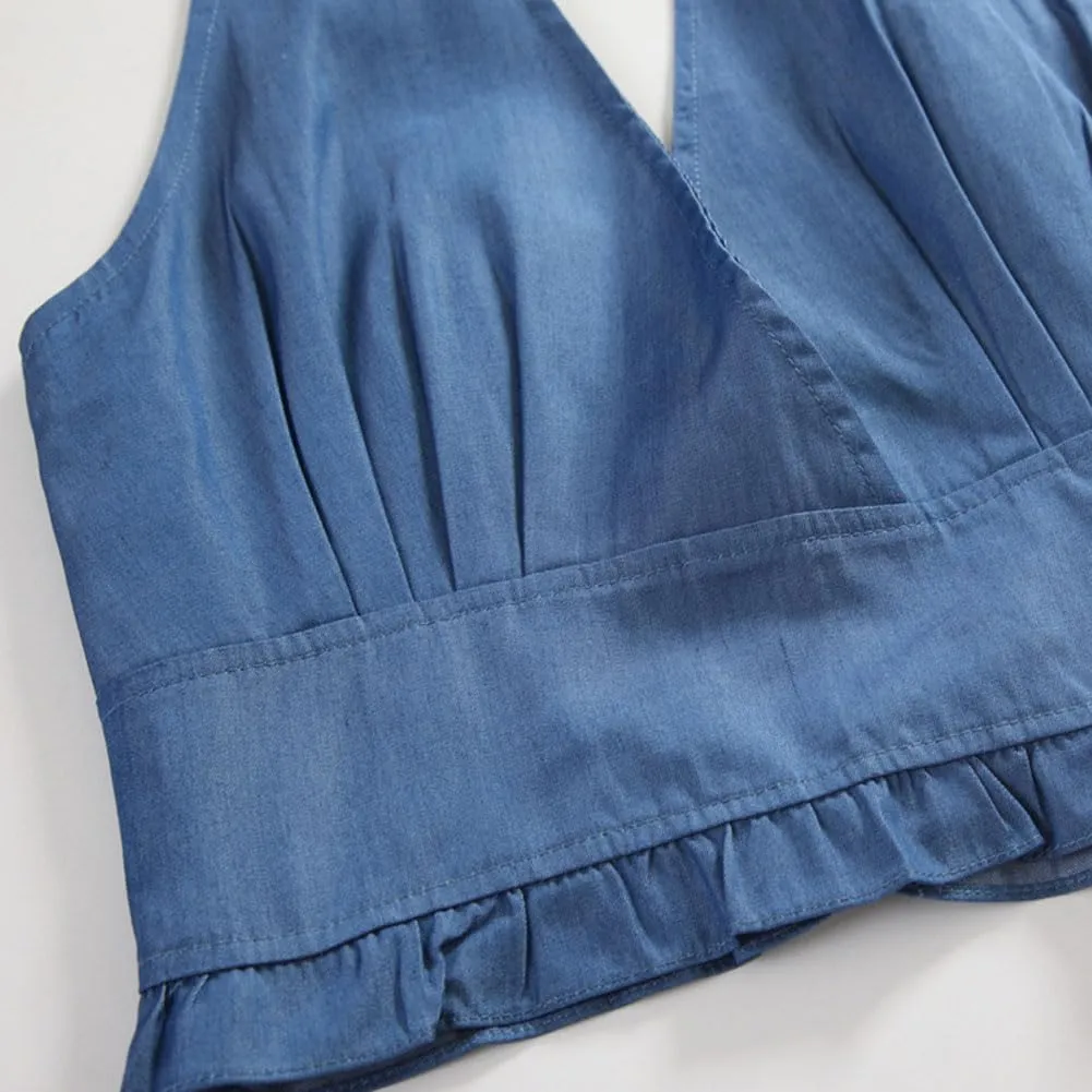 Women's Fashion Denim Vest with Lace-up Halterneck Deep V-Neck Camisole, Small Vest Retro Sexy Backless Top Streetwear