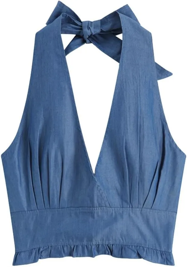 Women's Fashion Denim Vest with Lace-up Halterneck Deep V-Neck Camisole, Small Vest Retro Sexy Backless Top Streetwear