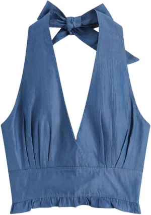 Women's Fashion Denim Vest with Lace-up Halterneck Deep V-Neck Camisole, Small Vest Retro Sexy Backless Top Streetwear