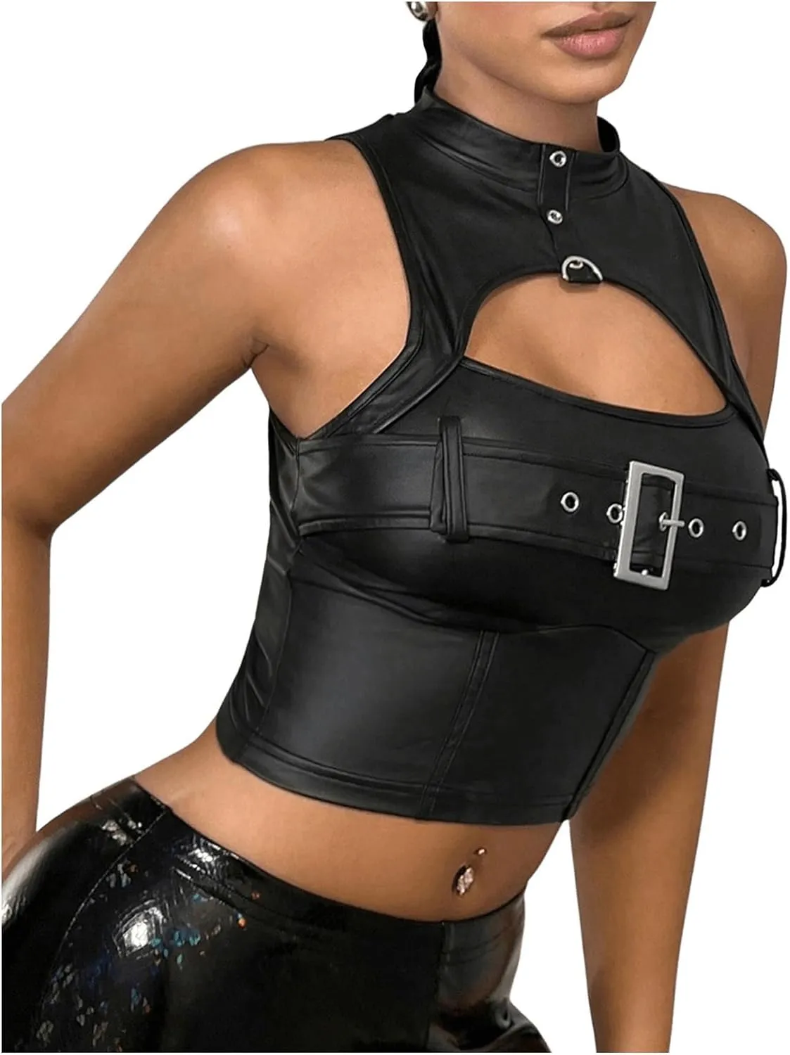 Women's Faux Leather Tank Top High Neck Cut Out Buckle Front Slim Fit Y2k Crop Tops
