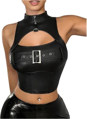 Women's Faux Leather Tank Top High Neck Cut Out Buckle Front Slim Fit Y2k Crop Tops
