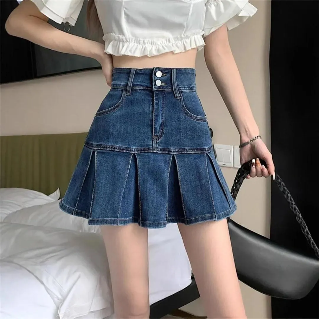 Women's High Waist Pleated Denim Mini Skirt Summer Design A- Line Sexy Short Skirts