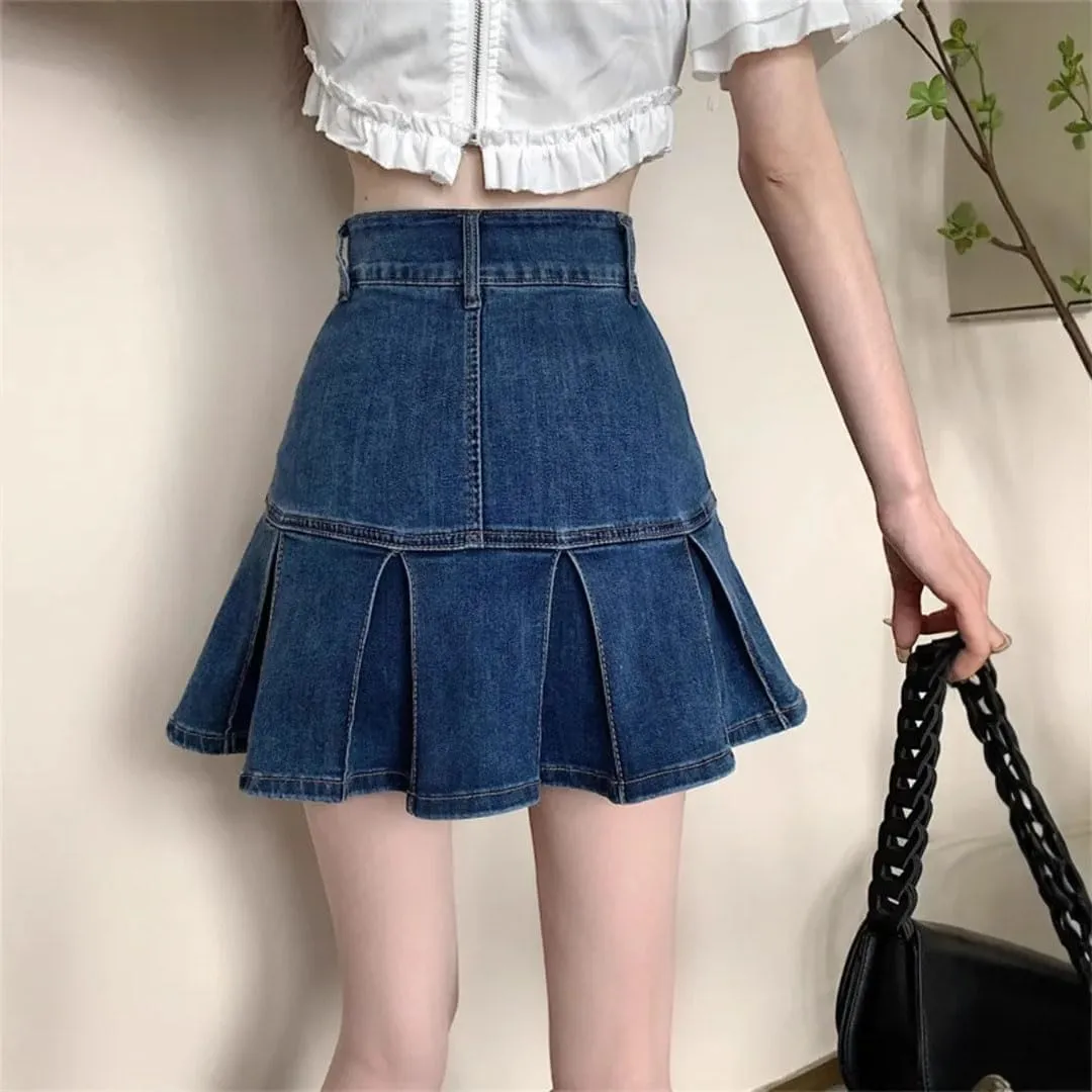 Women's High Waist Pleated Denim Mini Skirt Summer Design A- Line Sexy Short Skirts