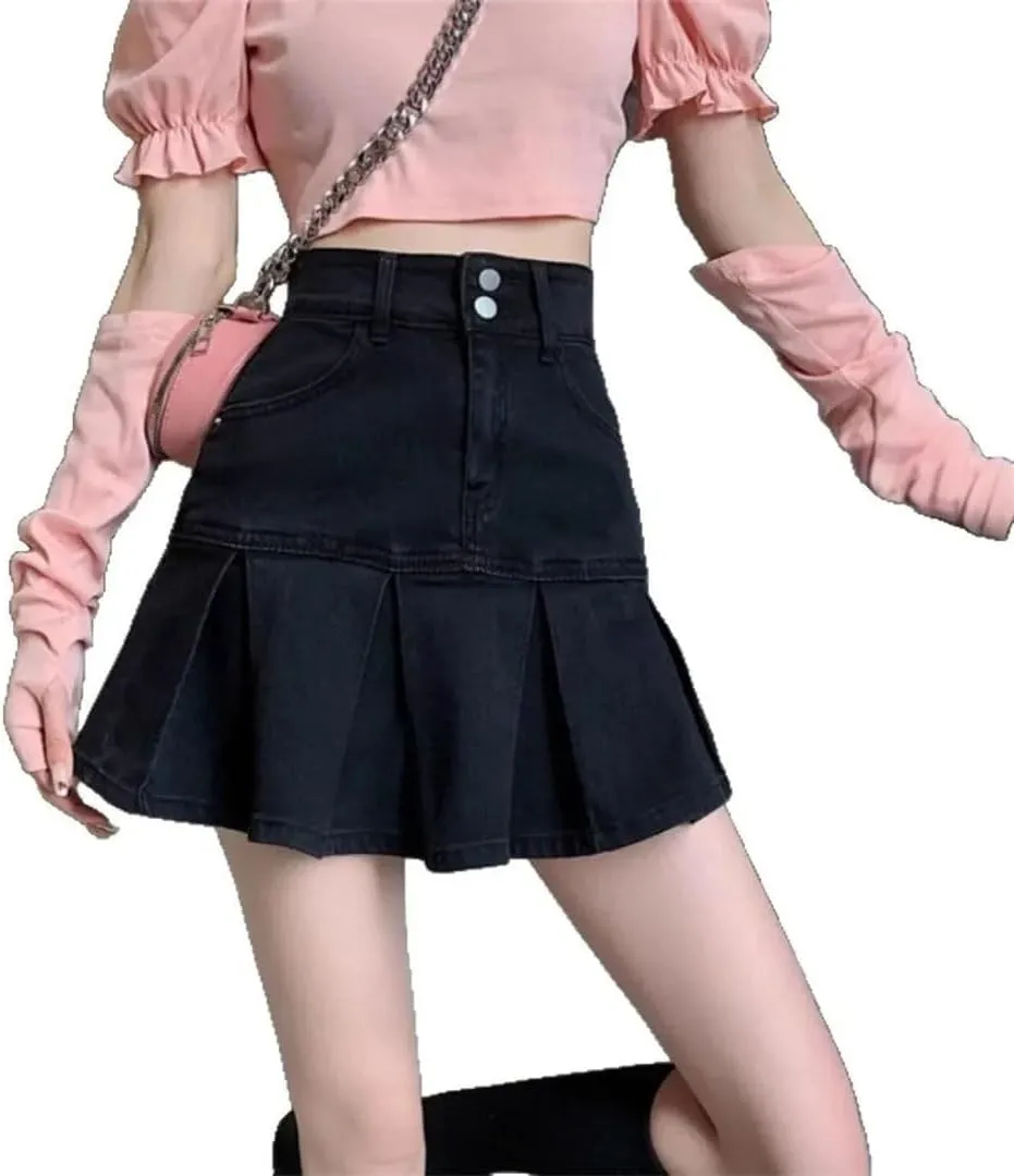 Women's High Waist Pleated Denim Mini Skirt Summer Design A- Line Sexy Short Skirts