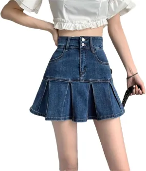 Women's High Waist Pleated Denim Mini Skirt Summer Design A- Line Sexy Short Skirts