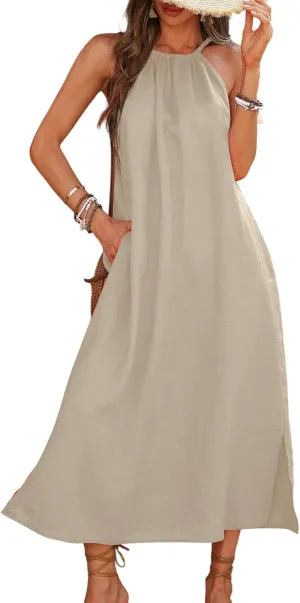 Women's Linen Midi Dress Halter 100% Linen Split Dresses with Pocket