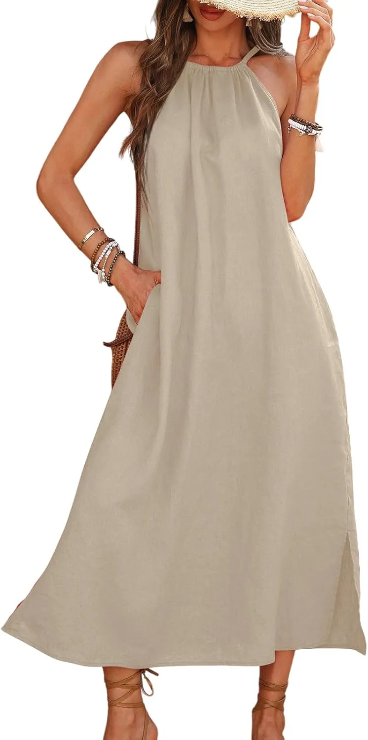 Women's Linen Midi Dress Halter 100% Linen Split Dresses with Pocket