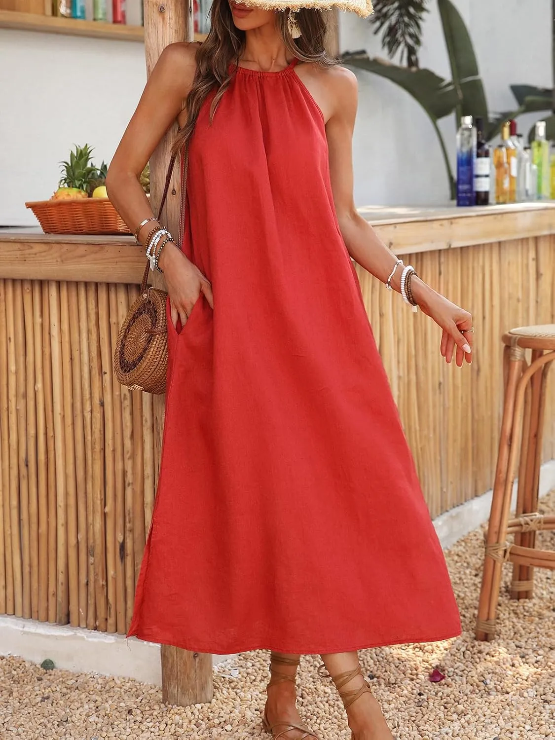 Women's Linen Midi Dress Halter 100% Linen Split Dresses with Pocket