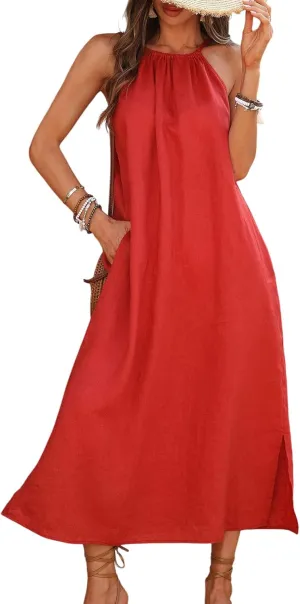 Women's Linen Midi Dress Halter 100% Linen Split Dresses with Pocket