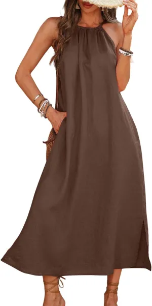 Women's Linen Midi Dress Halter 100% Linen Split Dresses with Pocket