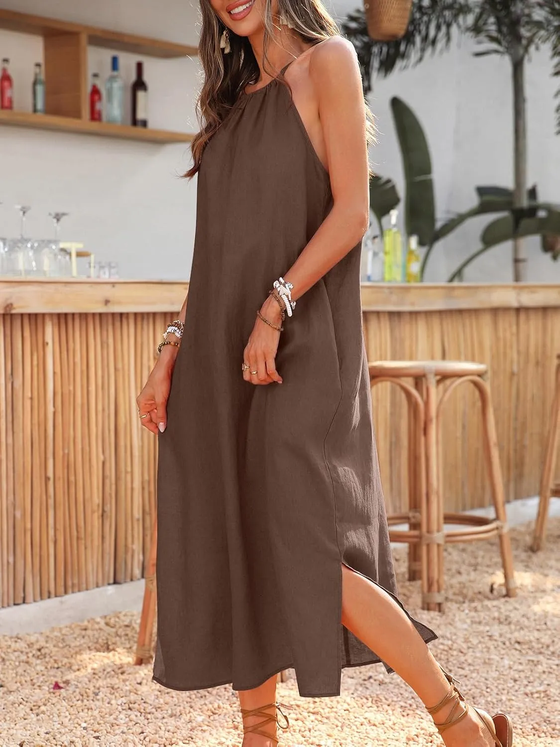 Women's Linen Midi Dress Halter 100% Linen Split Dresses with Pocket